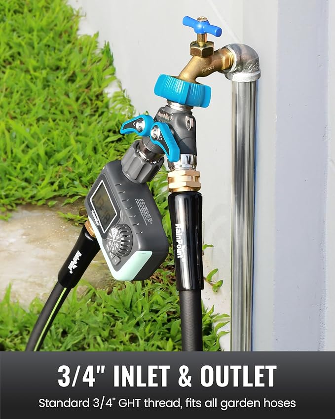 RAINPOINT Garden Hose Splitter, 2 Way Heavy Duty Water Hose Y Spigot Splitter with Shutoff Valves, 100% Metal Body Outdoor Faucet Splitter, 1.9" Extra Long Metal Handle, 3/4" GHT Thread (2, Blue)