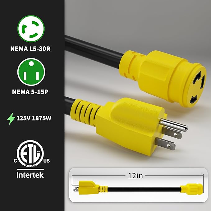 POWGRN 15 Amp to 30 Amp RV Generator Adapter Cord 1FT(12 Inch), NEMA 5-15 Male Plug to NEMA L5-30 Female Plug, 3 Prong Heavy Duty Power Cord, 10 Gauge STW, 15A 125V 1875W, Black-Yellow, ETL Listed