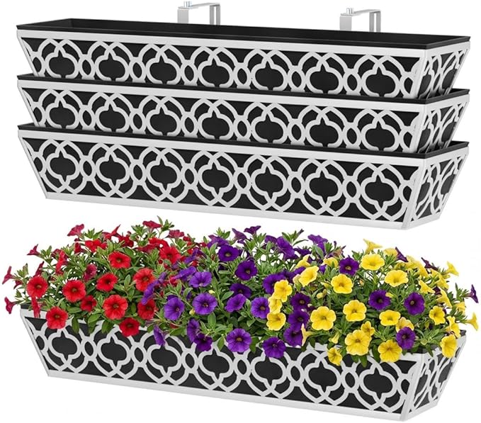 Y&M 30'' Metal Railing Planter Box Set with Black Non-Woven Fabric Liner, Flower Boxes with Adjustable Brackets, 4 Pcs Large Hanging Window Boxes for Fence, Deck, Balcony, and Garden - Gray