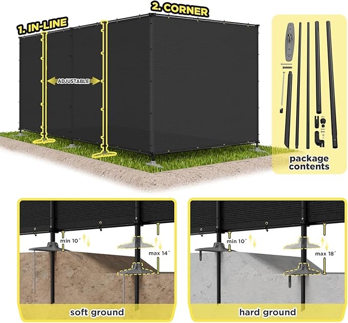 6' x 73' Black Outdoor Privacy Screen Freestanding 240 GSM Privacy Fence Panels for Outside, Pool Fences with Poles, Backyard Temporary Fencing, Privacy Wall Ground Pole Fence