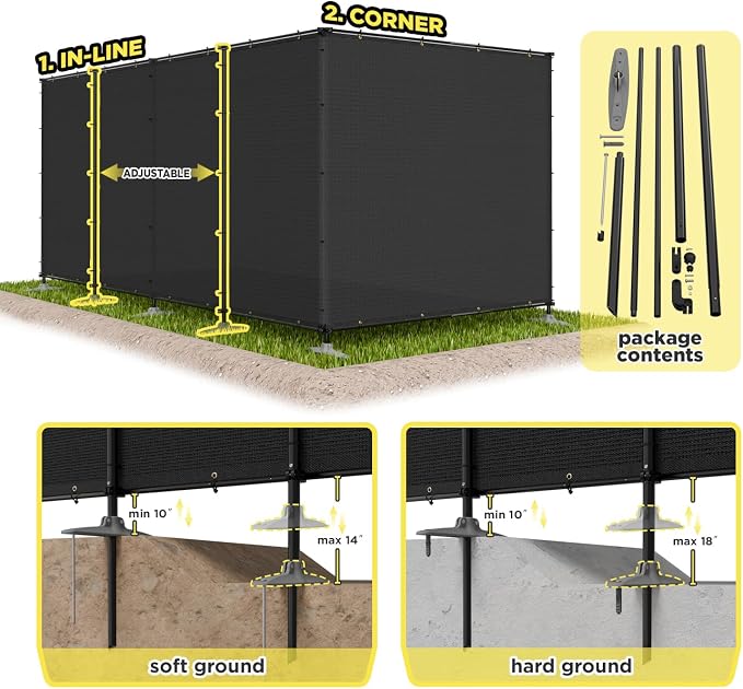 5' x 150' Black Outdoor Privacy Screen Freestanding 240 GSM Privacy Fence Panels for Outside, Pool Fences with Poles, Backyard Temporary Fencing, Privacy Wall Ground Pole Fence
