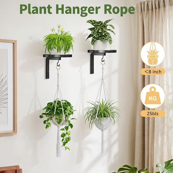 LASZOLA Plant Hangers Shelves Wall Mounted Indoor with 2Pcs Macrame Hanger, Metal Window Plant Holders, 2 Pcs Modern Floating Flower Display Stand with Hooks for Outdoor Kitchen Bathroom Decor, Black