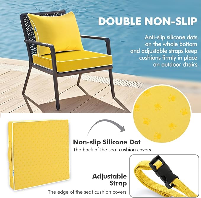 MIULEE Yellow Outdoor Seat Cushion 22x22 Inch Waterproof & 3 Year Fade Resistant Deep Seat and Back Cushion for Patio Furniture Chair Sofa Couch with Handle and Adjustable Straps