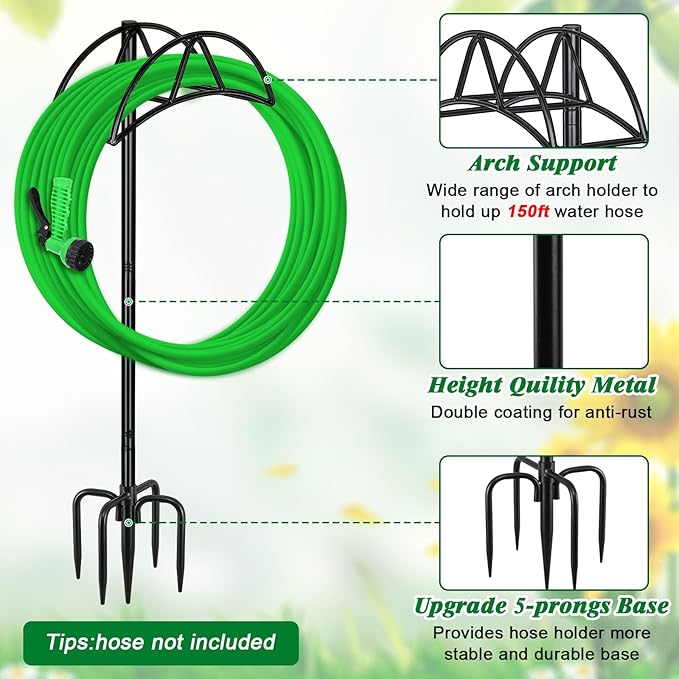 Gtongoko Garden Hose Holder with Upgrade 5 Prongs Base Freestanding Water Hose Holders for Outside Holds 150ft Hose Heavy Duty Metal Hose Hanger Sturdy Detachable Hose Stand Organizer Yard Black