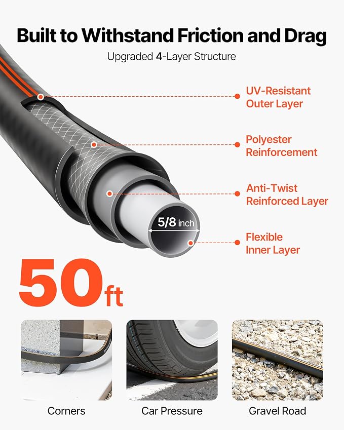 VEVOR Garden Hose, 50 ft 5/8" Heavy Duty 4-Layer Rubber Water Hose, 150PSI Working & 600PSI Burst, Flexible & Non-kink Outdoor Waterhose with 3/4" Fitting, Lightweight Hoses for Gardening Cleaning