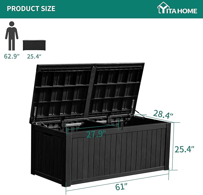 YITAHOME 180 Gallon Large Deck Box w/Divider, XL Waterproof Outdoor Storage for Patio Furniture,Outdoor Cushions, Garden Tools, Sports Equipment and Pool Supplies, Resin, Lockable, Black