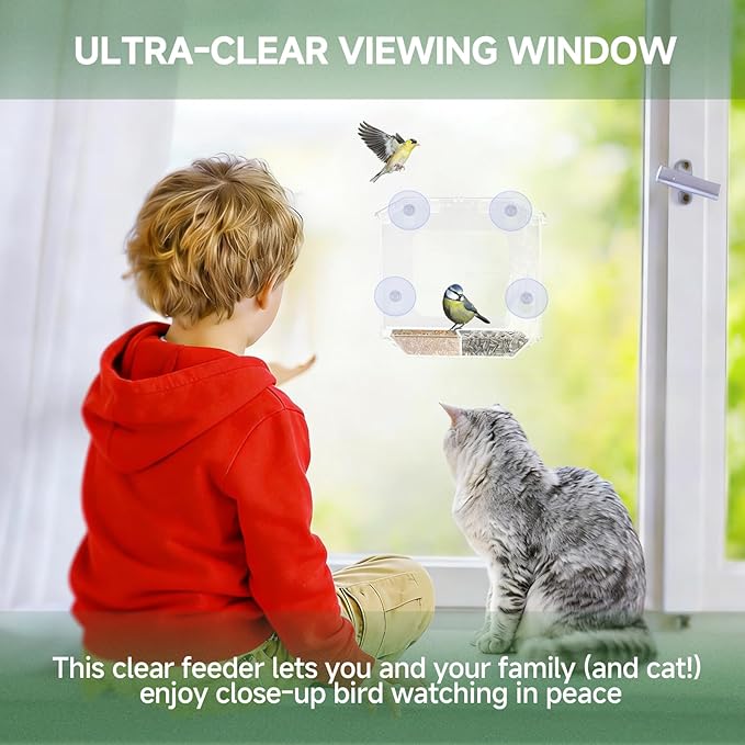 Window Bird Feeder with 4 Extra Strong Suction Cups, Clear Bird Feeder for Outdoor with Dual Seed Tray, Easy to Install & Clean, Durable Wild Birdfeeder Perfect for Garden Home Bird Viewing