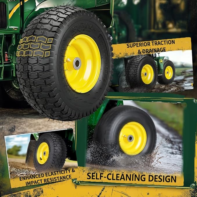 13x5.00-6 Tire and Wheel Assemblies (2 Pack),13 x 5 x 6 Tubeless Rubber Tires and Wheel for Riding Lawn Mower - With 3/4" Bushings (Extra 5/8" Bushings) and 3" Centered Hub (Yellow)