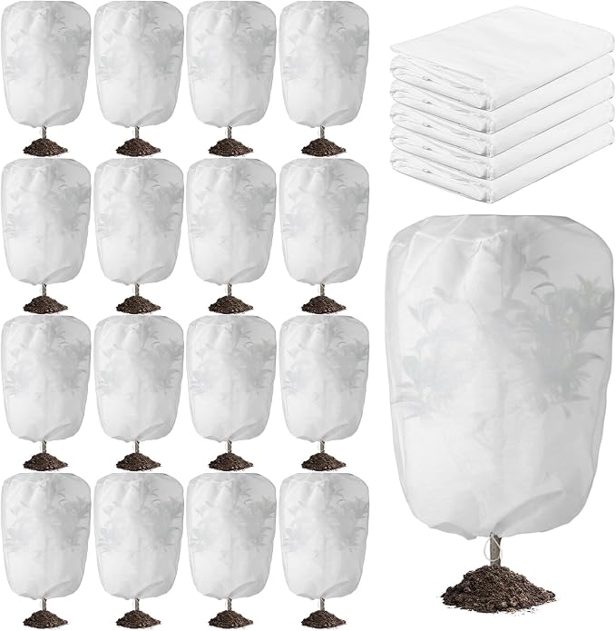 SATINIOR 16 Pcs 32 x 47 Inch Plant Covers Freeze Protection, Reusable Plant Protector Frost Cloth Warm Blankets, Winter Bush Tree Cover with Drawstring Outdoor (White)