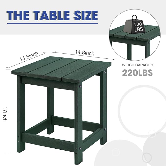 LZRS Square Patio Side Table, Heavy Duty HDPE Outdoor End Table with Wood Texture, Weatherproof Composite Table for Adirondack Chairs, Deck, Pool, Indoor/Outdoor, No Peeling or Cracking(Dark Green)