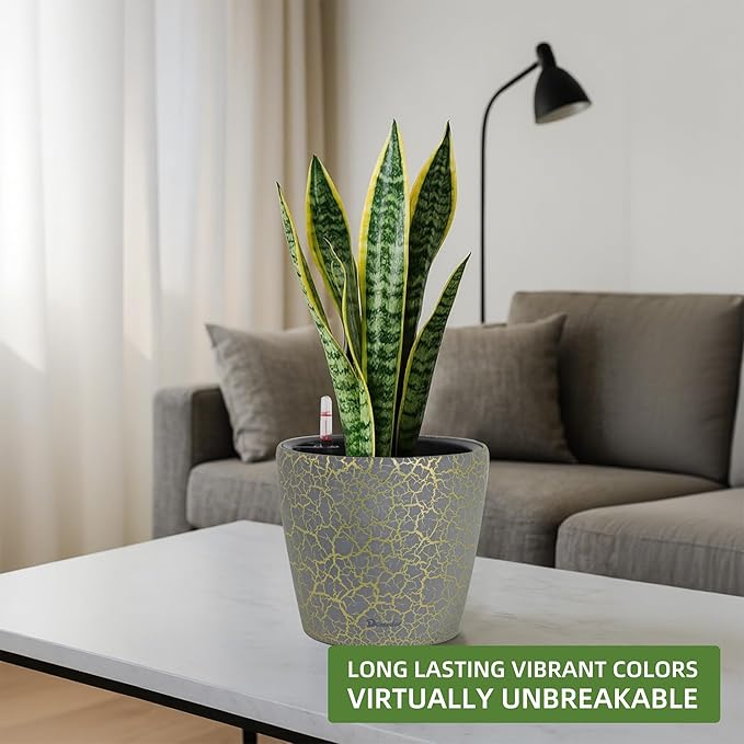Dexceder 11x10 Self Watering Planter (Grey Gold Crackle) | Inner Pot Design, Thickened Table Flower Plant Pot with Water Level Indicator Indoor Outdoor