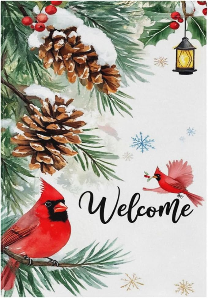 Welcome Winter Cardinal Birds House Flag 28x40 Inch Double Sided Outside Christmas Poinsettia Snowflake Xmas Seasonal Yard Outdoor Flag Banner for Garden Lawn Patio Holiday Decorations