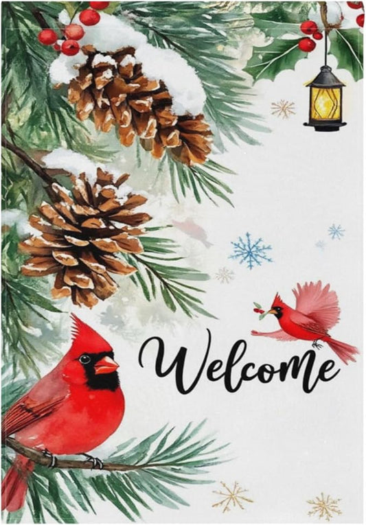Welcome Winter Cardinal Birds House Flag 28x40 Inch Double Sided Outside Christmas Poinsettia Snowflake Xmas Seasonal Yard Outdoor Flag Banner for Garden Lawn Patio Holiday Decorations