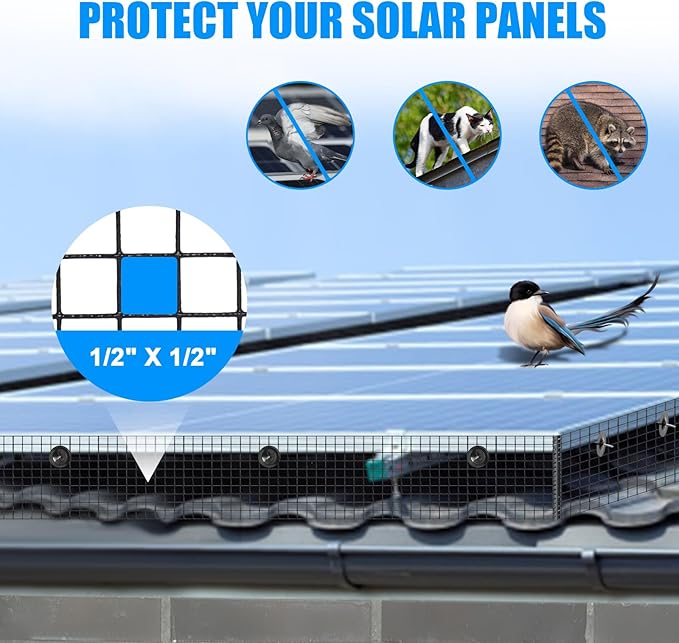 4in X 100ft Solar Panel Bird Guard - 1/2" Black PVC Mesh Galvanized Rust-Resistant Net, Critter Guard for Solar Panels with 70 Fastener Clips, Gloves, Cutting Pliers