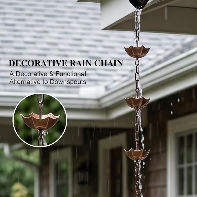 Topadorn Antique Umbrella & Lotus Rain Chain, 71.5" Metal Water Diverter with 8 Cups, Decorative Gutter Downspout Replacement