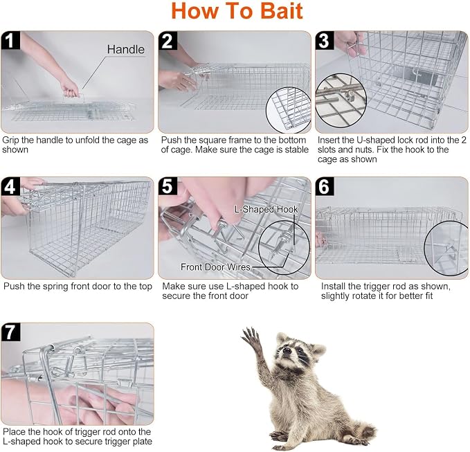 TeqHome Large Live Animal Trap Cage, 31"x11"x12" Live Animal Cage Trap Humane Raccoon Traps Catch Release, Collapsible One-Door Animal Catcher Cage for Cats Opossums Groundhogs Skunks Squirrel Rodent