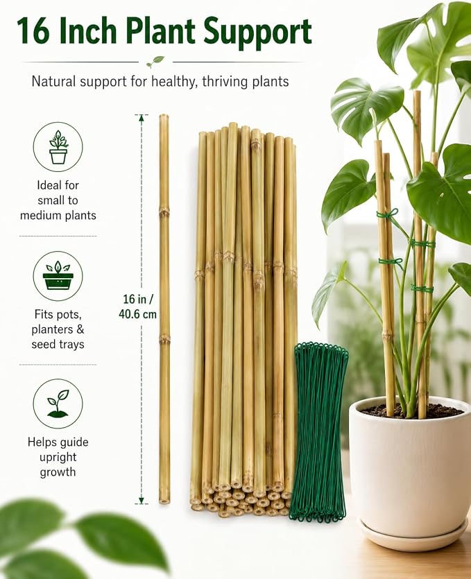 20 Pcs 16 inch Bamboo Garden Stakes with Ties Natural Bamboo Plant Stakes for Tomatoes (20pcs-16inch)