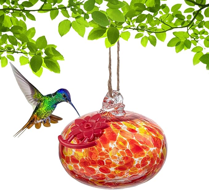 QFkris Blown Glass Hummingbird Feeder for Outdoors Hanging, Small Hummingbird Feeder with Flower Feeding Ports for Outside Garden Backyard Decor, Gifts for Women Mom(Orange)