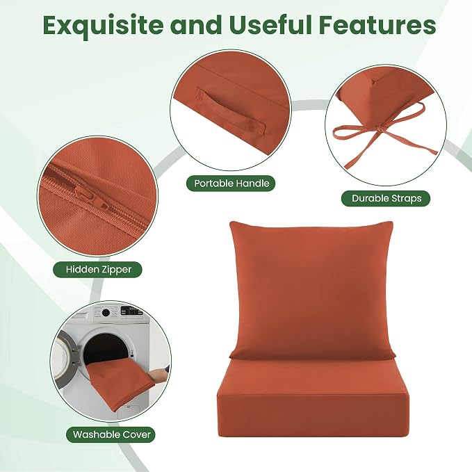 Patio Cushions for Outdoor Furniture, 24x24 Outdoor Couch Cushions, Waterproof & Fade-Resistant Patio Chair Cushions with Removable Cover, Replacement Outdoor Deep Seat Cushion, Spice (Set of 1)