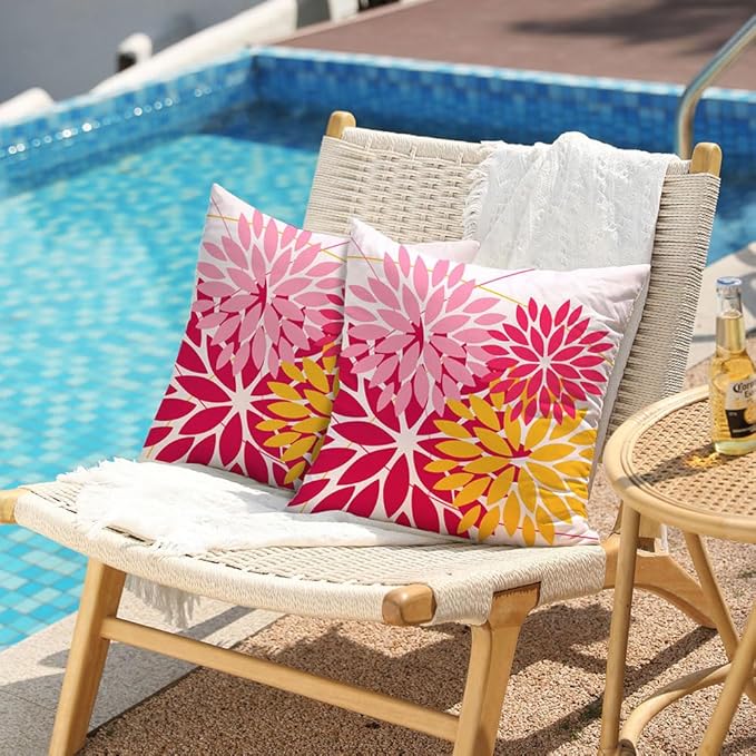 DFXSZ Outdoor Pillow Covers - 20x20 Inch Set of 2 Pink Yellow Flower Decorative Waterproof Summer Pillow Covers for Patio Furniture, Garden Couch