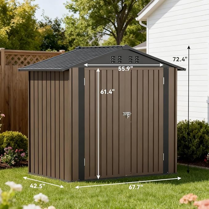 COMHOMA Shed Storage Outdoor Metal Windowed Lockable Solar Motion Light Adjustable Weatherproof Ventilated Backyard Garden Utility Workshop(Brown,6'*4')