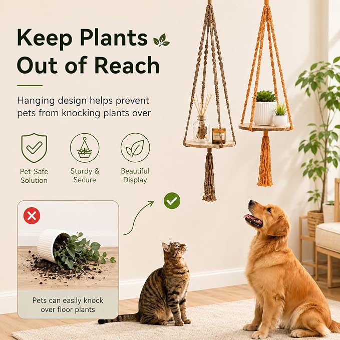 Artilady 2 Pack Macrame Hanging Planter with Wood Shelf, Boho Plant Hanger for Indoor Plants Basket Holder for Window Balcony Kitchen