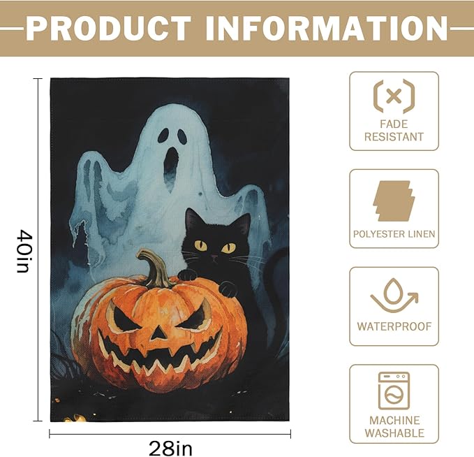 Scary Ghost Pumpkin Halloween House Flag 28x40 Inch Black Cat Halloween Theme Holiday Decorative Garden Flags for Outside Double Sided Outdoor Home Farmhouse Decoration Yard Porch Decor