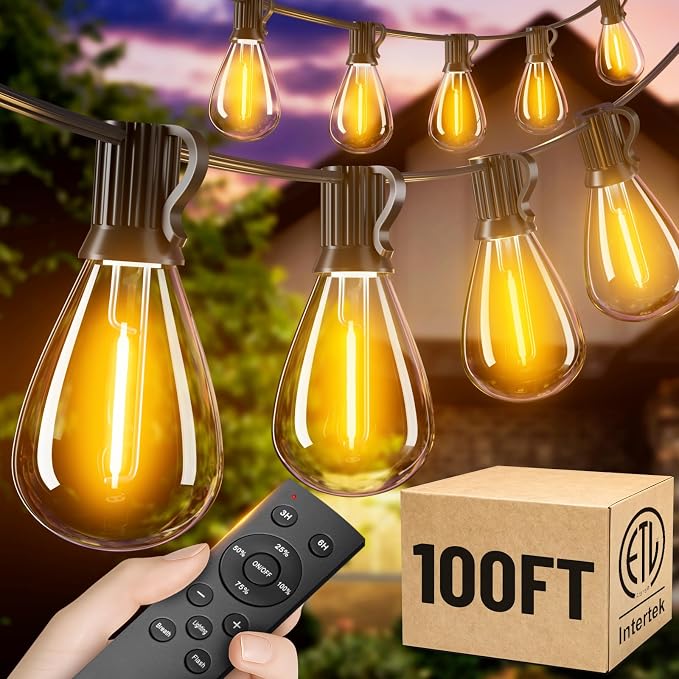 100FT Patio String Lights Outdoor, 35+1 LED Shatterproof Bulbs with Remote & Timer,2200K Dimmable Waterproof Hanging Decor for Backyard, Garden, Porch, Balcony, Wedding Party Lighting
