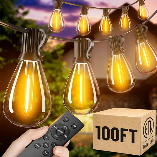 100FT Patio String Lights Outdoor, 35+1 LED Shatterproof Bulbs with Remote & Timer,2200K Dimmable Waterproof Hanging Decor for Backyard, Garden, Porch, Balcony, Wedding Party Lighting