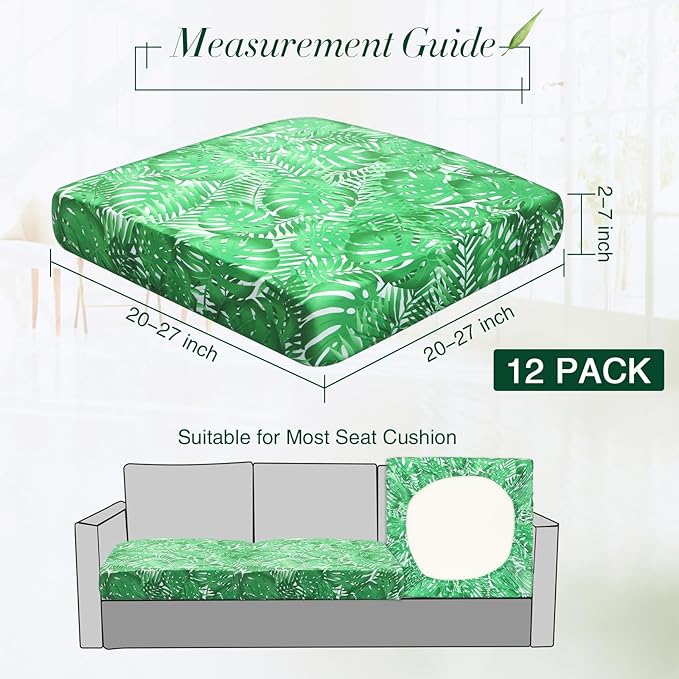 Newwiee 12 Pcs Patio Cushion Covers Outdoor Stretch Sofa Couch Cover Replacement Couch Slipcover Sofa Seat Chair Porch Patio Furniture Protector, Flexibility Washable(Green,Monstera)