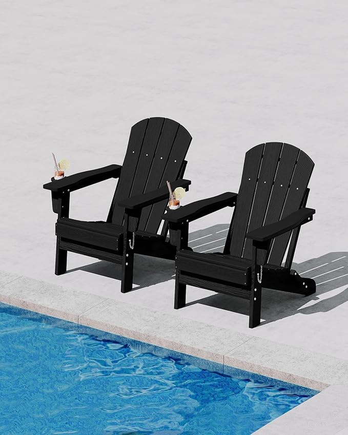 GarveeLife Folding Adirondack Chair Set of 6, All-Weather HDPE Outdoor Chair, Wooden Textured with Cup Holder for patios, Decks, Gardens, fire pits, Black