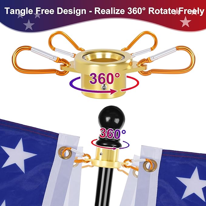 Bearing Steel Ball Flag Pole Rings, Tangle Free Aluminum Alloy Flag Pole Spinners, 360° Rotating Flagpole Rings with Carabiners, Fit Flagpole with 1-1.25inch Diameter, Flagpole Parts, 1.25 inch Gold