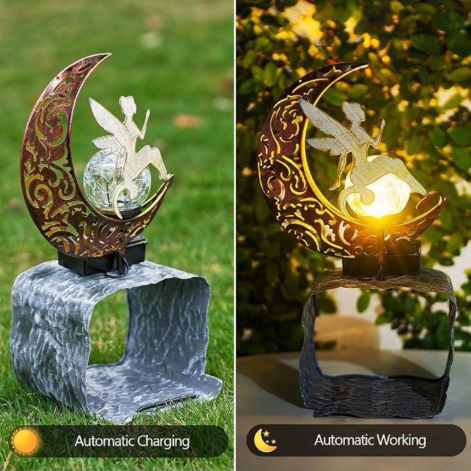 Metal Fairy Gutter Downspout Extensions with Solar Powered Glass Cracking Ball, Outdoor Waterproof Splash Block Sculpture Solar Garden Decor for Yard, Lawn