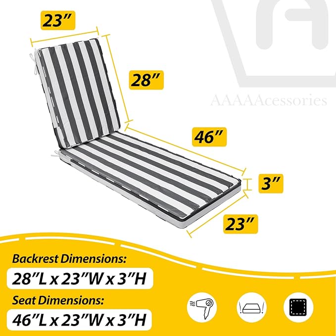 AAAAAcessories Outdoor Chaise Lounge Cushions, Fade-Resistant, Waterproof Patio Furniture Replacement Cushions, 74" x 23" x 3", Gray Cabana Stripe