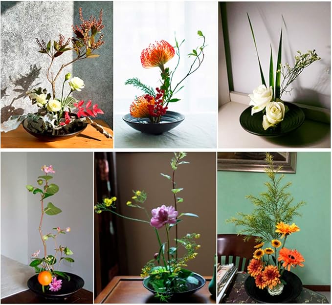 WANDIC Flower Arrangement Kit, Set of 51, Round Flower Holders, Ceramic Flower Pot, Kenzan Needle Cleaning Pin & Rake, Floral Stems and Floral Tape for Flower Arranging Art