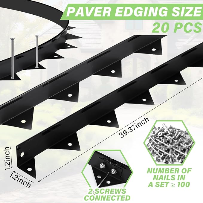 Pushglossy 20 Pcs 65.62ft Metal Paver Edging with Spikes for Paver Projects 39.37" L x 1.2" H Black Bendable Metal Strips Yard Landscape Lawn Edging Border Pathway Divider for Lawn, Garden, Yard