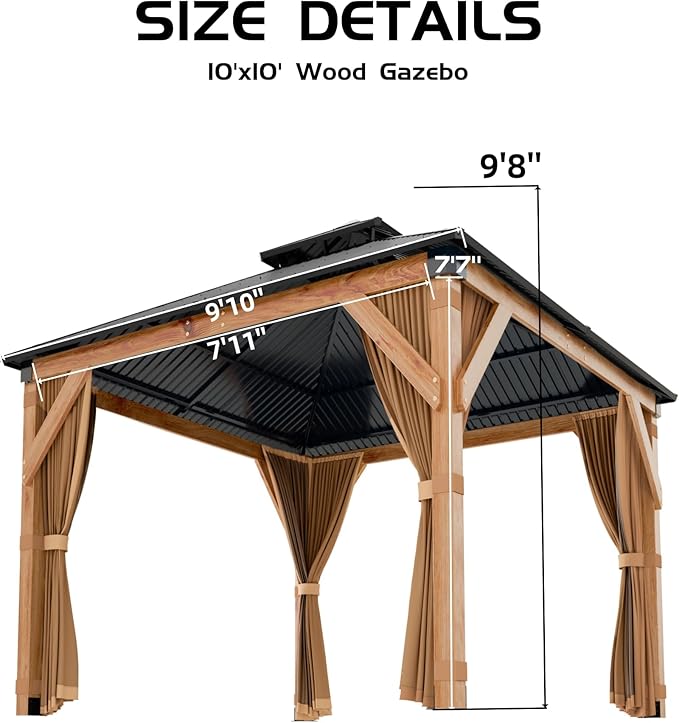 10x10 ft Wood Gazebo, Upgrade Spruce Frame and Double Galvanized Steel Roof, Hardtop Gazebo