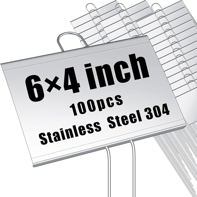 Landhoow 100 Pcs Large Garden Plant Markers Metal Plant Labels Sign 4'' x 6'' with 11'' Stake Weatherproof Waterproof Garden Sign for Outdoor Tree Seedlings Herbs Vegetable Greenhouse, Silver