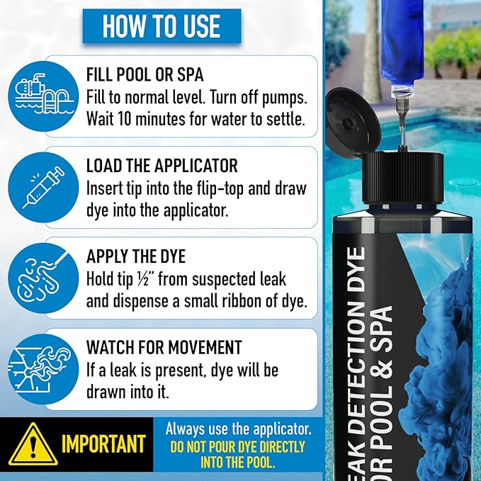 Pool Leak Detection Dye Kit - 75+ Tests - 2 Stainless Steel Precision Applicators - Superior Long Lasting Pool Dye Easily Locates Leaks - for All Pool, Spa, & Hot Tub Types - 8 OZ (Vibrant Blue)