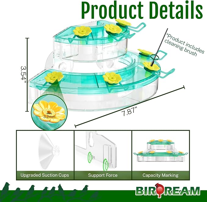 Birdream Window Hummingbird Feeders for Outdoors, with Strong Suction Cups & 7 Feeding Ports, Easy to Use and Maintain, Gift for Bird Lover, Plastic Bird Feeder, 2 Pack, 10oz Per Pack - Green