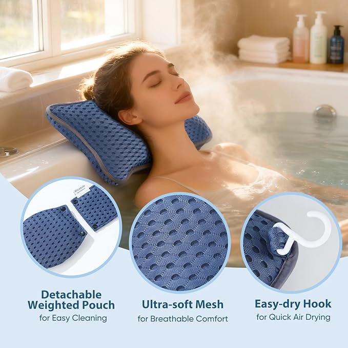 2-Pack Large Pillows for Hot Tub (Blue), Spa & Chaise Lounge – Universal Headrest & Neck Support Cushion with Removable Weighted Pouch, Long Strap for Height Adjustment & Easy-Dry Hook