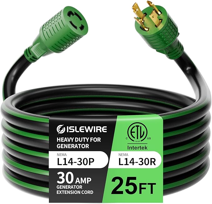 4 Prong 30 Amp Extension Generator Cord 25FT, NEMA L14-30P/L14-30R, 125/250 Volt Up to 7500 Watts, 10 Gauge SJTW Twist Lock Power Cord for Manual Transfer Switch, Black&Green, ETL Listed
