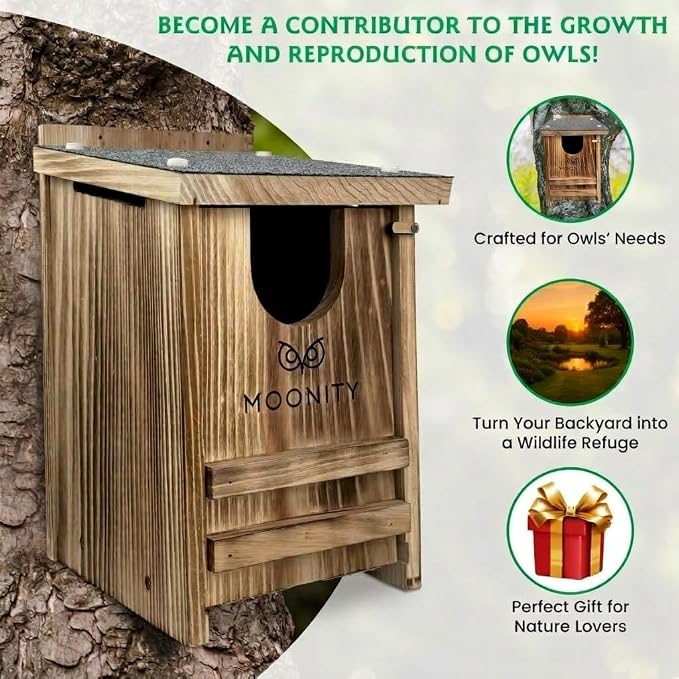 MOONITY Fire-Treated Cedar Owl House with Asphalt Roof – 14" x 9" x 9" All-Season Nesting Box for Screech, Kestrel & More – Durable, Weatherproof & Easy to Install
