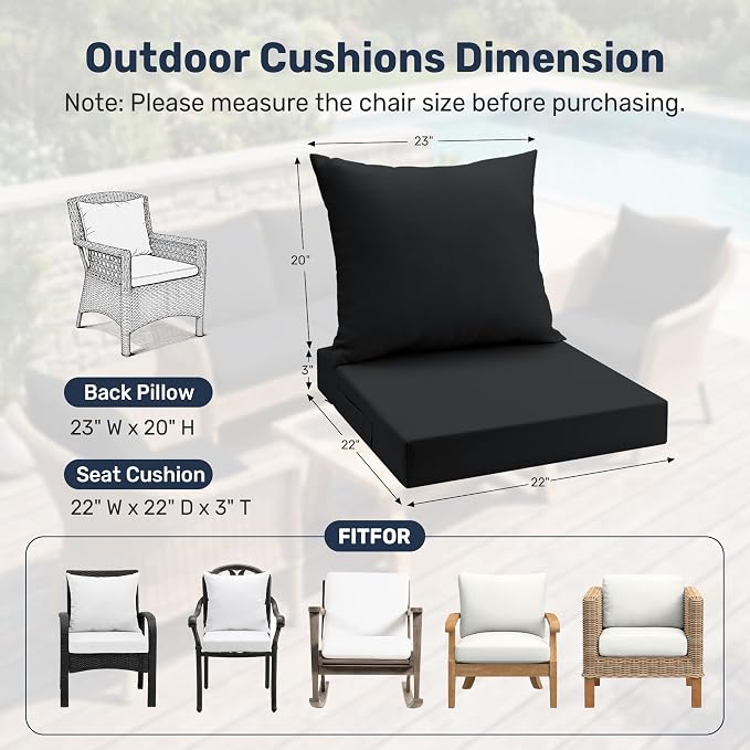 UNIKOME Outdoor Seat Cushions 22 X 22 Inch - Water-Resistant & Fade Resistant, Removable Cover Patio Furniture Cushions for Chair, Sofa, Couch, Wicker, Black