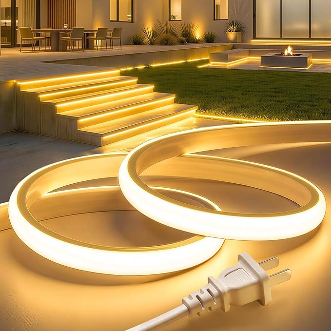 Lamomo COB LED Strip Lights 65.6Ft, Warm White Outdoor Led Rope Light, Waterproof Flexible Silicone Cuttable 3000K Neon Led Lights for Bedroom Garden Commerica Holiday Decor, CRI90+, AC 120V