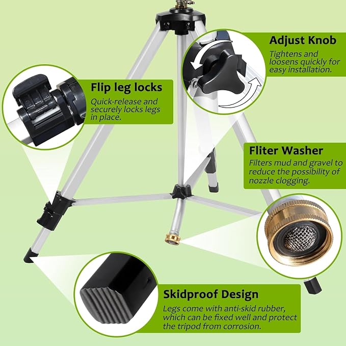 Heavy Duty Impact Sprinkler on Tripod Base,2 Pack 36 Inch Tripod Sprinkler with Brass Nozzle for Yard Large Area,Extra Tall 360 Degree Rotating,Waters Up to 80 Ft,Legs Extend Up to 36"