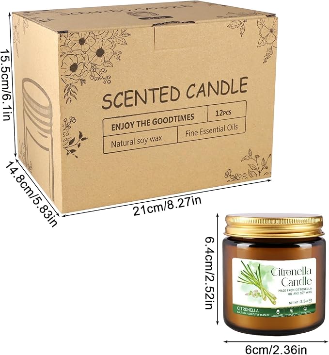 Citronella Candles Glass Outdoor&Indoor，12pack Scented Candle Natural Soy Wax for Home Decor,Gifts,Garden Camping Patio Picnic,3.5oz Long Lasting