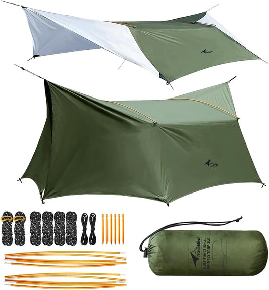 14ft Hammock Rain Fly Lightweight Waterproof Camping Tent Tarp with Doors and Dual Support Poles, Bushcraft Tarp Shelter for Backpacking Hiking Camping