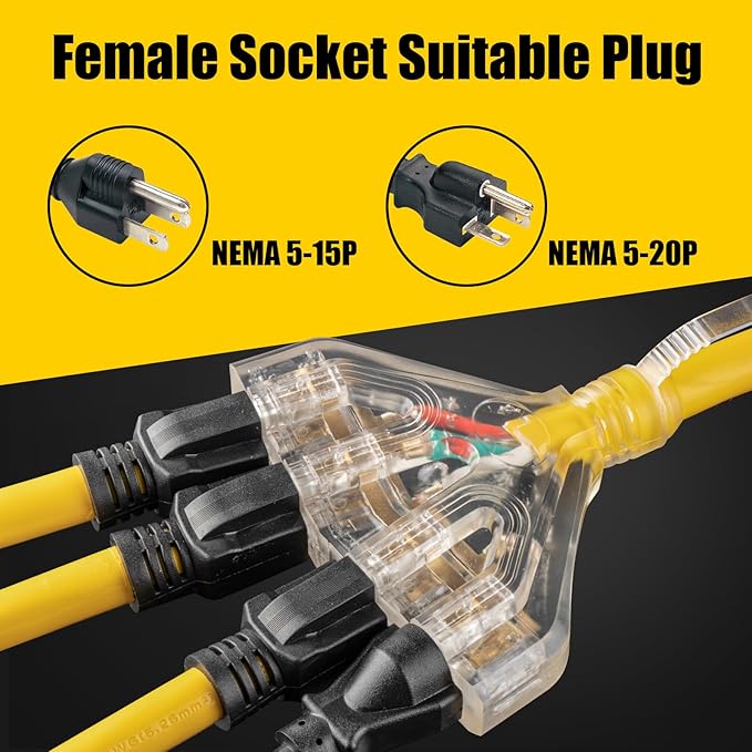 30 Amp to 110 Outdoor Generator Adapter Power Cord, 4 Prong Locking 30 Amp to 15 Amp Generator Adapter, NEMA L14-30P Male to 4X 5-20R T-Blade Female with Dust Protection Caps, 1.5FT