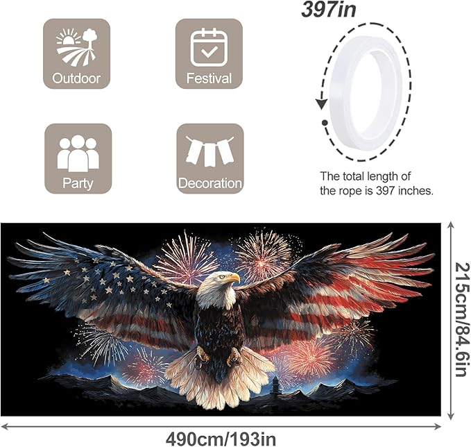 7 * 16FT Summer Garage Door Cover Decorations Sunset Palm Trees Garage Door Banner for Outdoor Indoor Summer Party Photography Backdrop (Eagle Flag Fireworks, 7 * 16 ft)